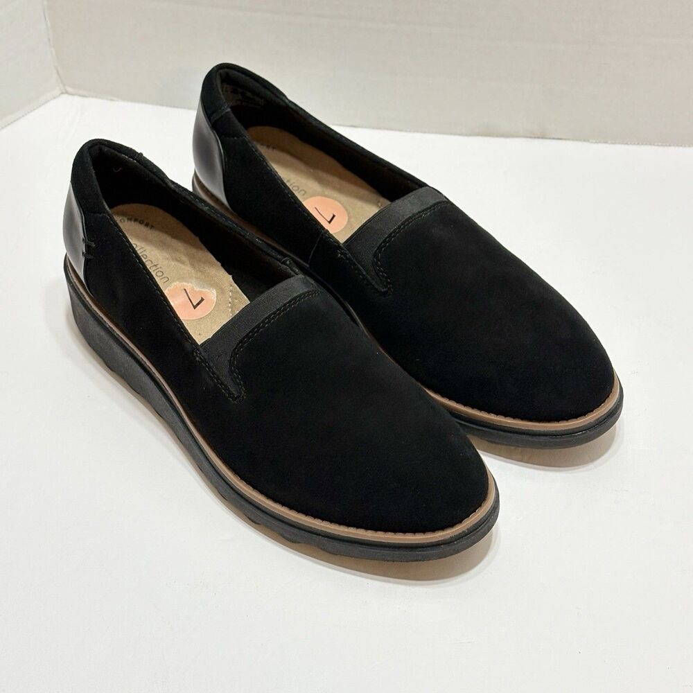Clarks Sharon Dolly Wedge Loafer Shoes Casual Slip On Black Women's 7M Casual